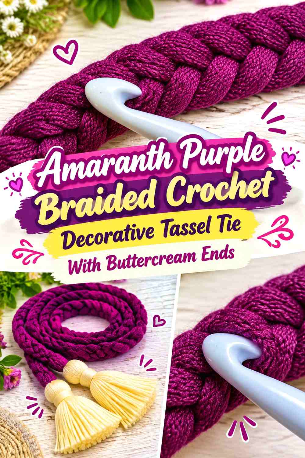 Amaranth Purple Braided Crochet Decorative Tassel Tie With Buttercream Ends
