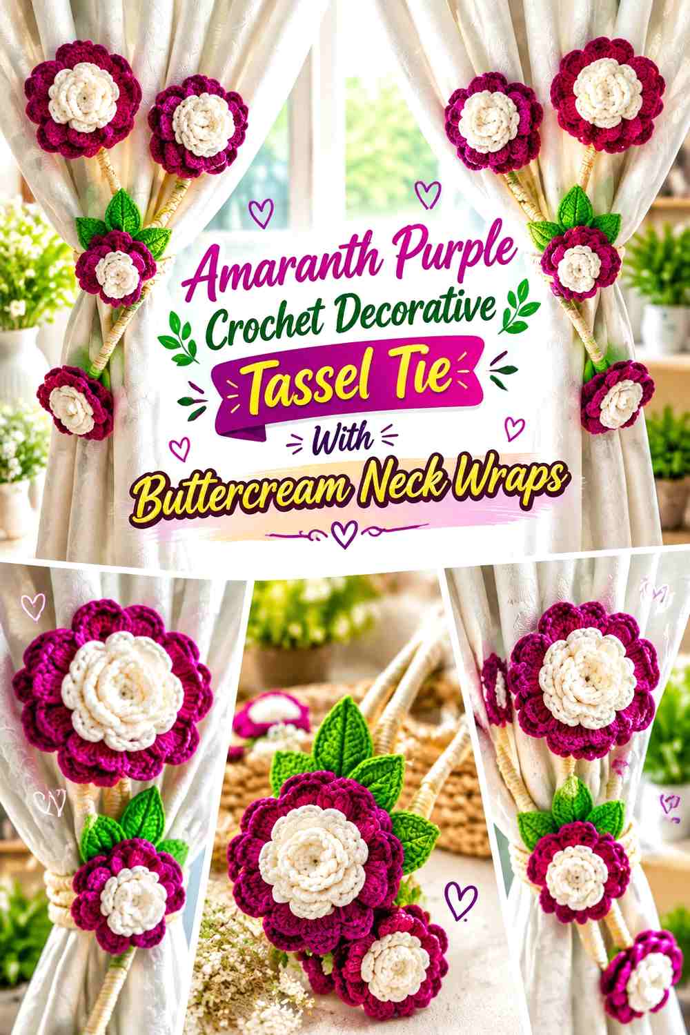 Amaranth Purple Crochet Decorative Tassel Tie With Buttercream Neck Wraps