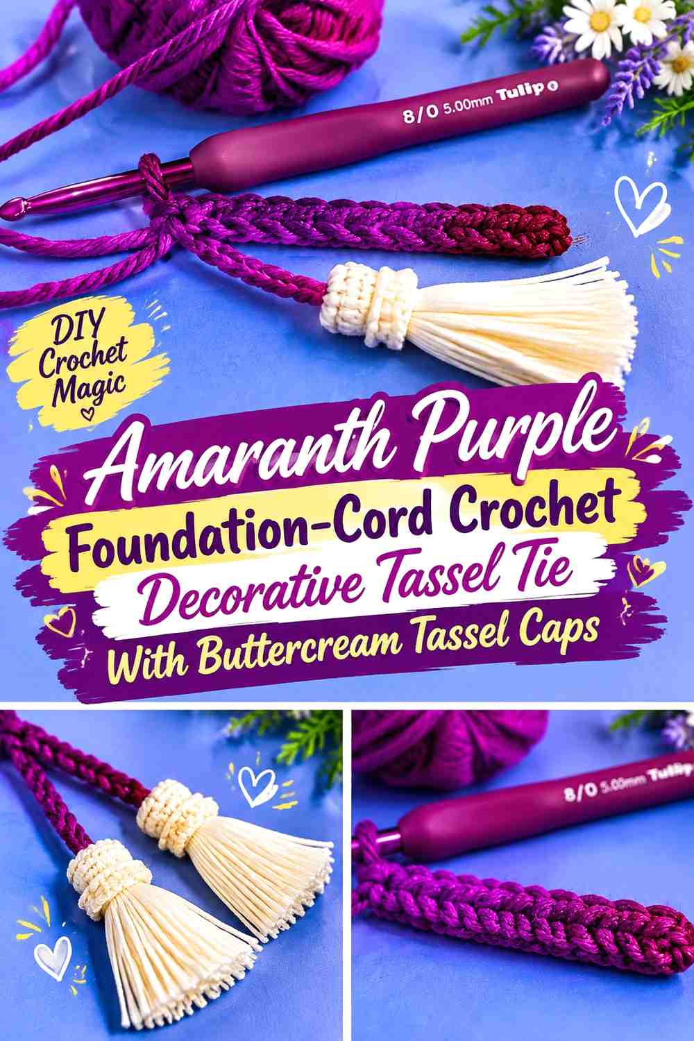 Amaranth Purple Foundation Cord Crochet Decorative Tassel Tie With Buttercream Tassel Caps