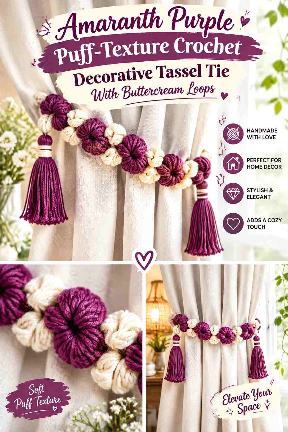 Amaranth Purple Puff Texture Crochet Decorative Tassel Tie With Buttercream Loops