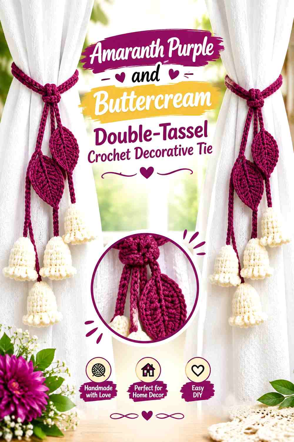 Amaranth Purple and Buttercream Double Tassel Crochet Decorative Tie
