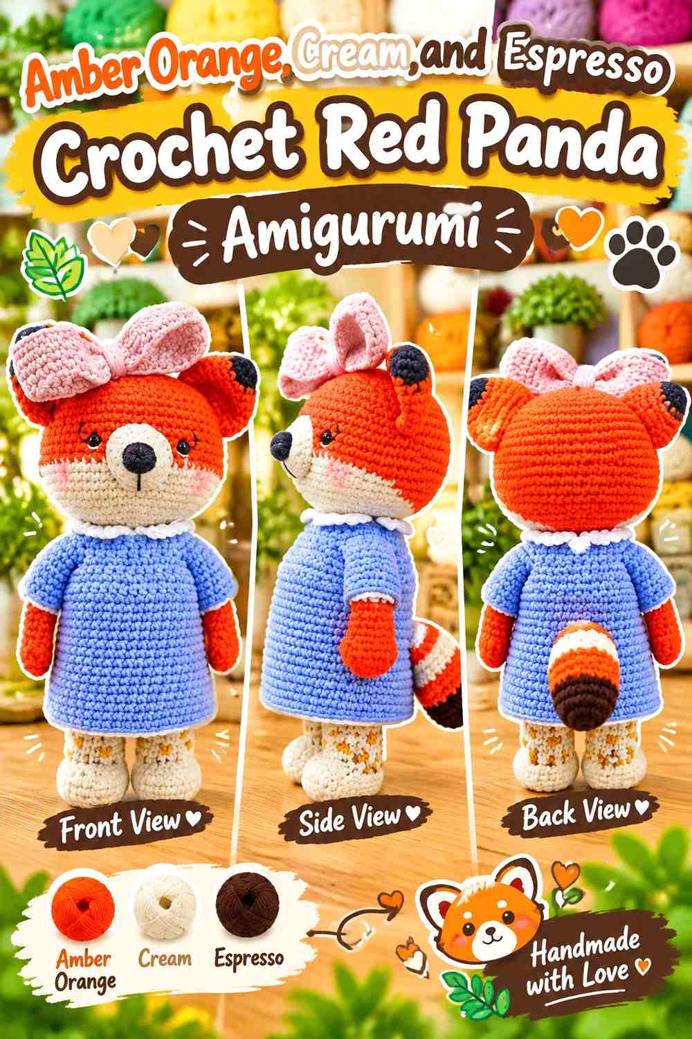 Amber Orange, Cream, and Espresso Crochet Red Panda Amigurumi