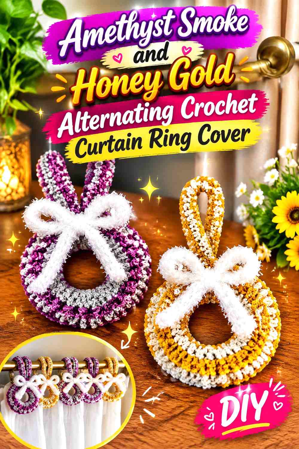Amethyst Smoke and Honey Gold Alternating Crochet Curtain Ring Cover