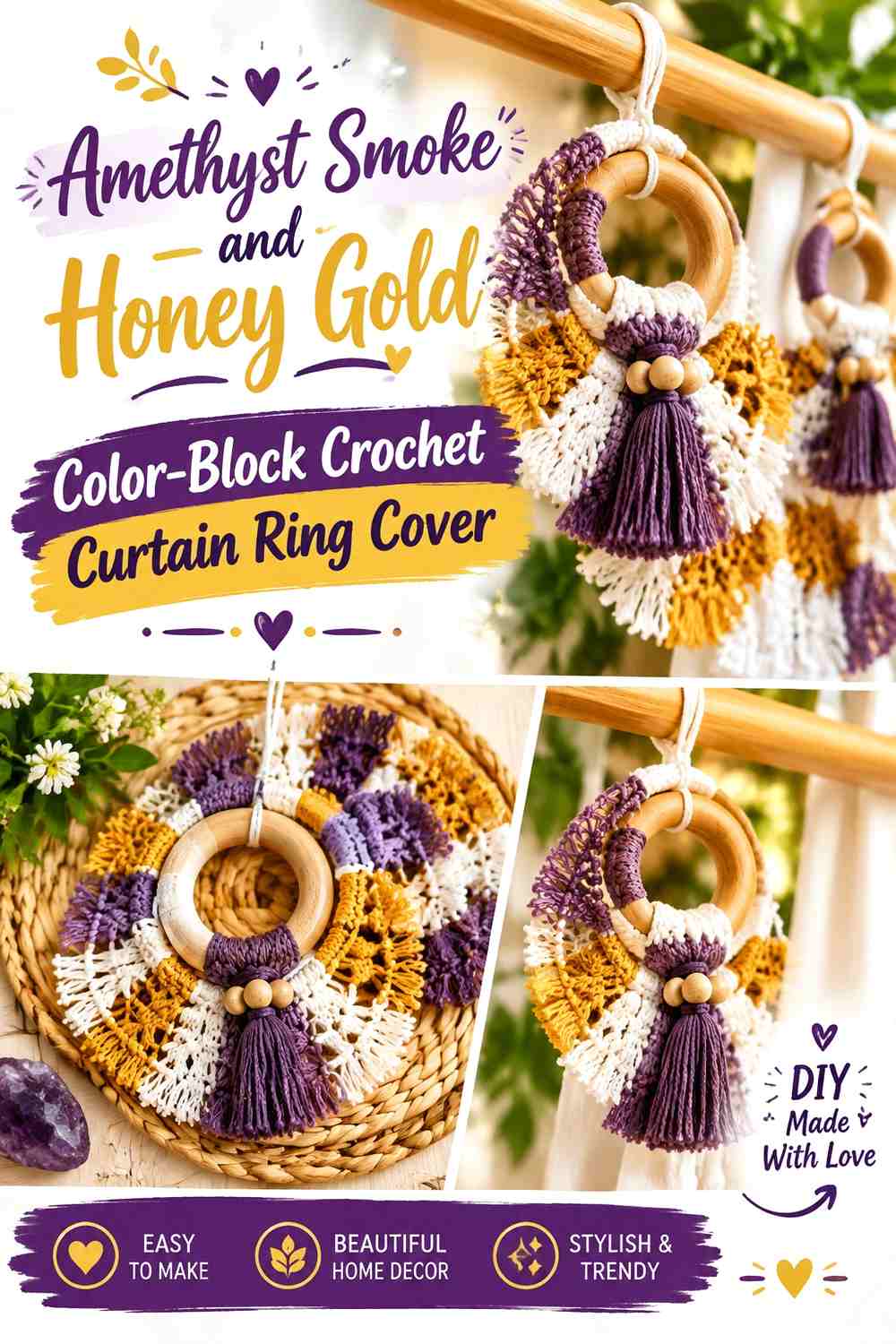 Amethyst Smoke and Honey Gold Color Block Crochet Curtain Ring Cover