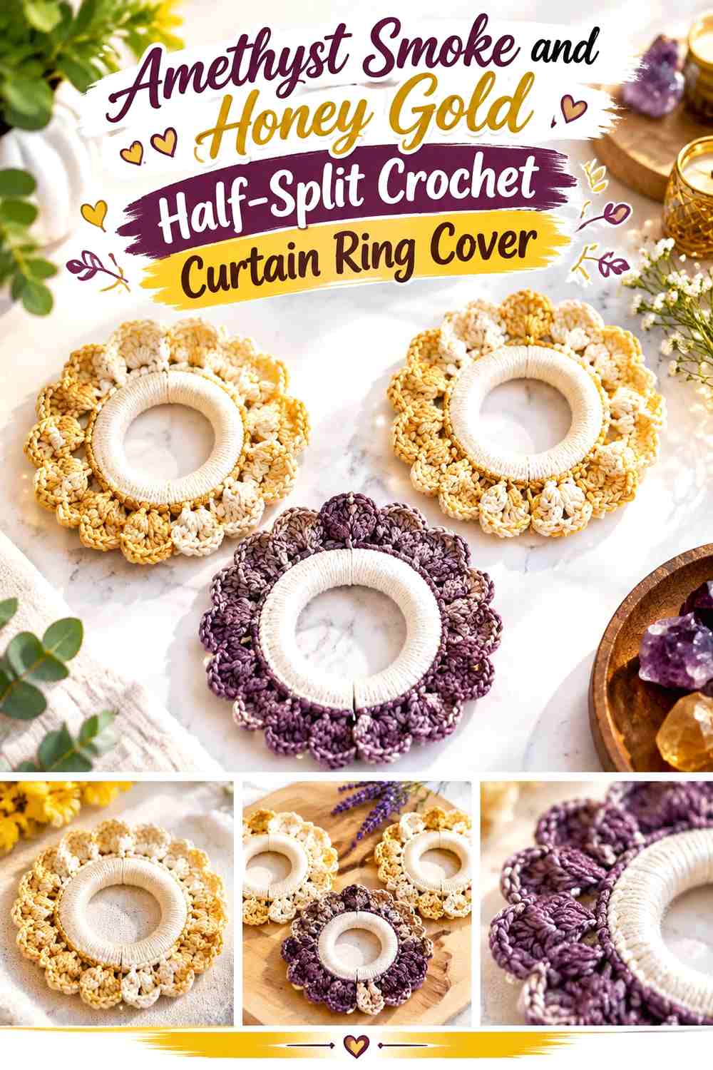 Amethyst Smoke and Honey Gold Half Split Crochet Curtain Ring Cover
