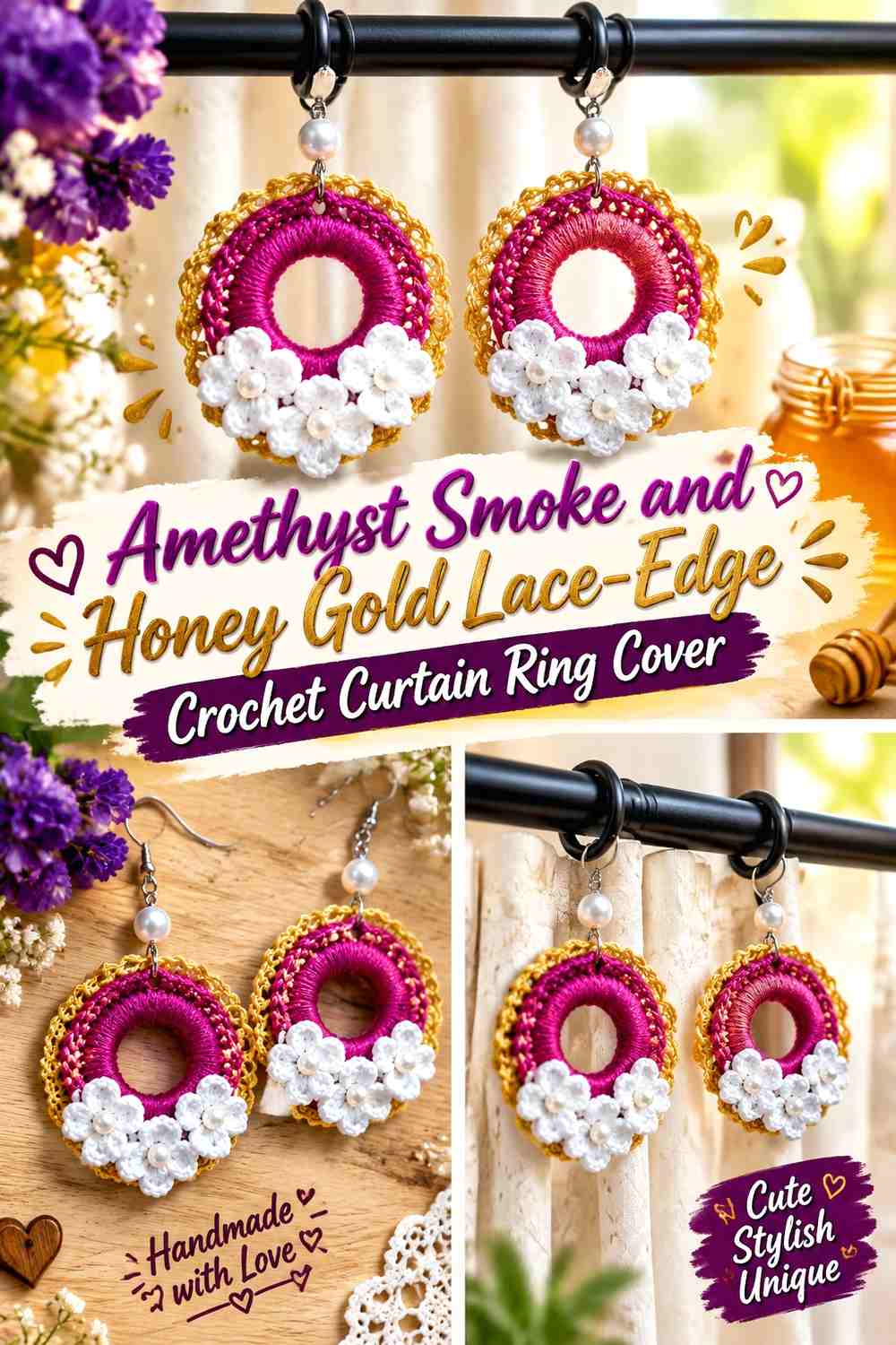 Amethyst Smoke and Honey Gold Lace Edge Crochet Curtain Ring Cover