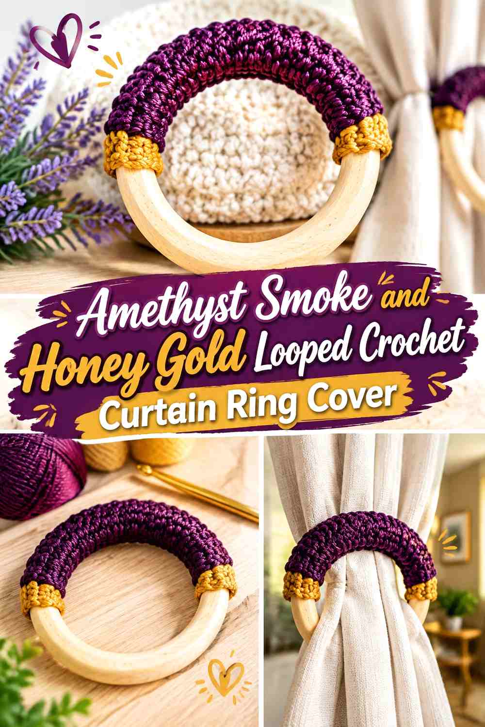 Amethyst Smoke and Honey Gold Looped Crochet Curtain Ring Cover