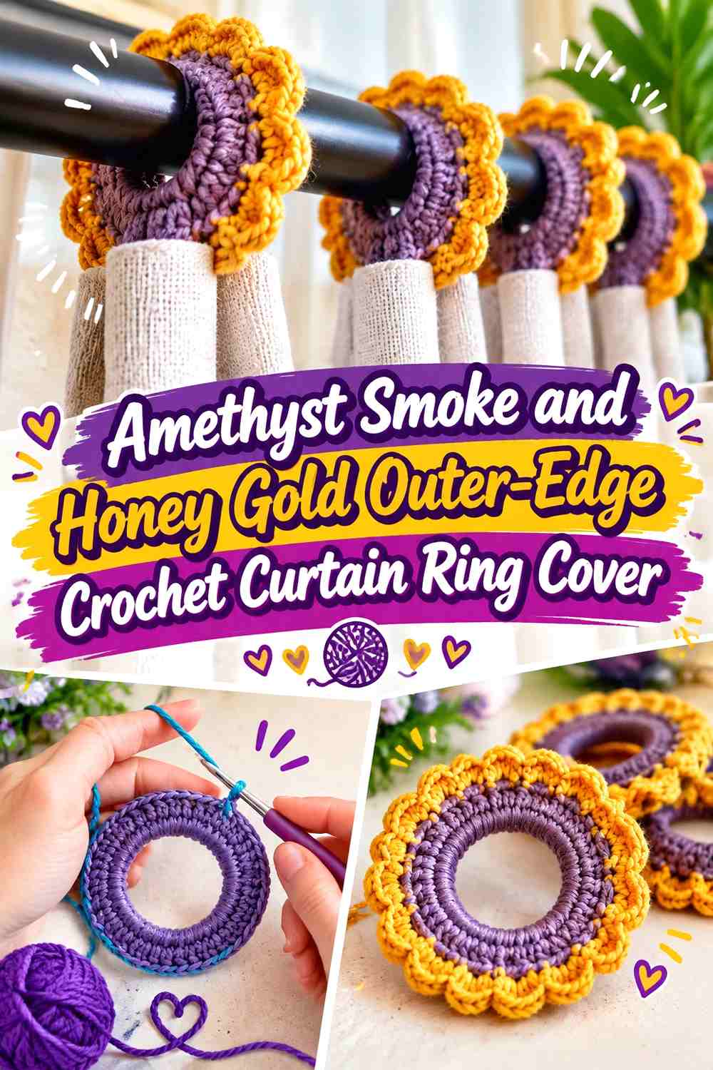 Amethyst Smoke and Honey Gold Outer Edge Crochet Curtain Ring Cover