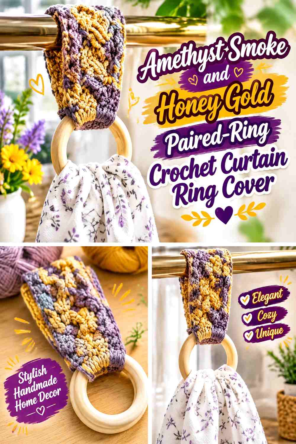 Amethyst Smoke and Honey Gold Paired Ring Crochet Curtain Ring Cover