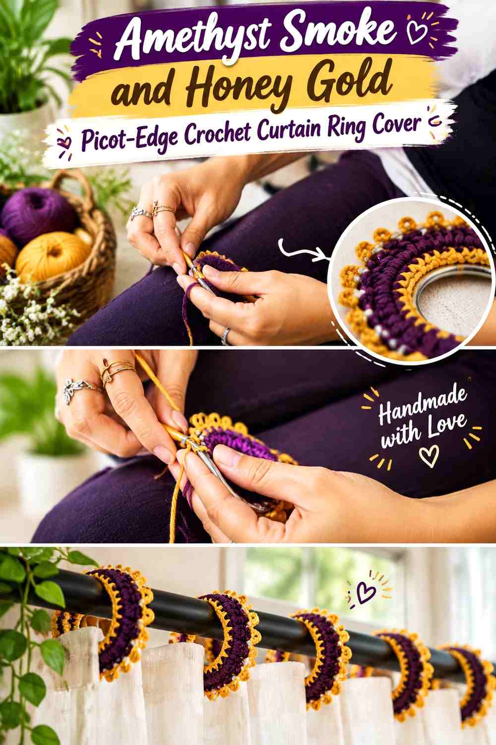 Amethyst Smoke and Honey Gold Picot Edge Crochet Curtain Ring Cover