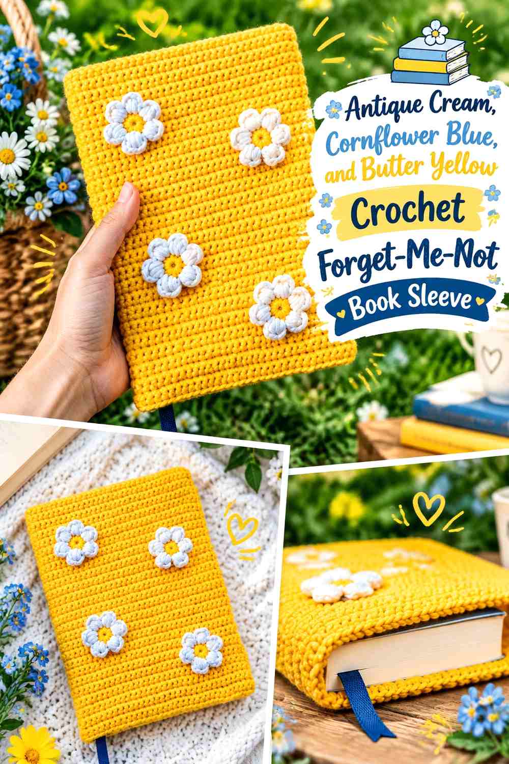 Antique Cream, Cornflower Blue, and Butter Yellow Crochet Forget-Me-Not Book Sleeve