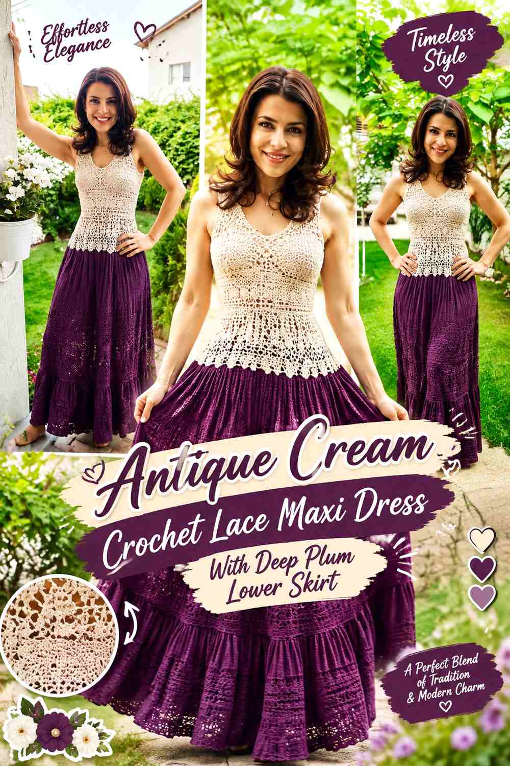 Antique Cream Crochet Lace Maxi Dress With Deep Plum Lower Skirt