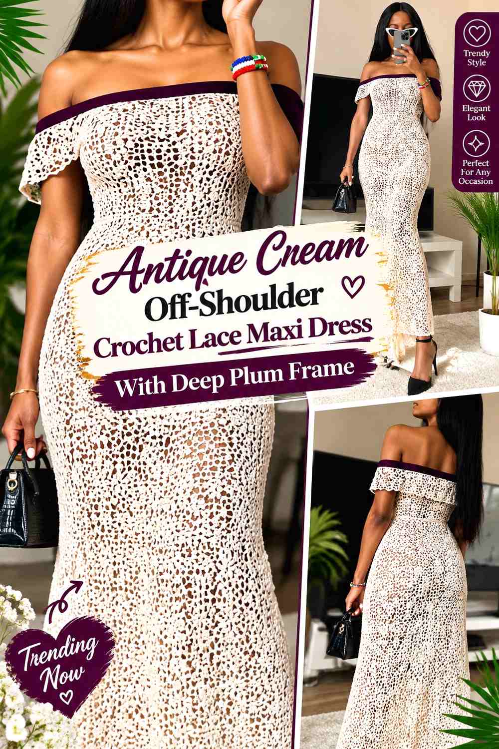 Antique Cream Off-Shoulder Crochet Lace Maxi Dress With Deep Plum Frame