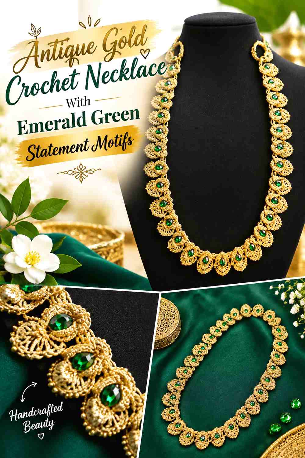 Antique Gold Crochet Necklace With Emerald Green Statement Motifs