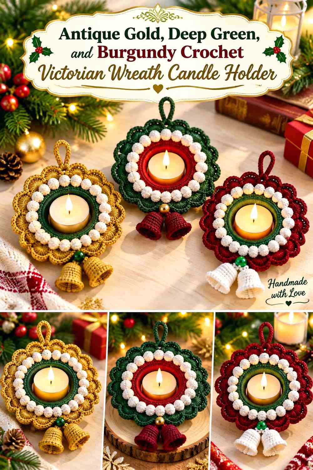 Antique Gold, Deep Green, and Burgundy Crochet Victorian Wreath Candle Holder
