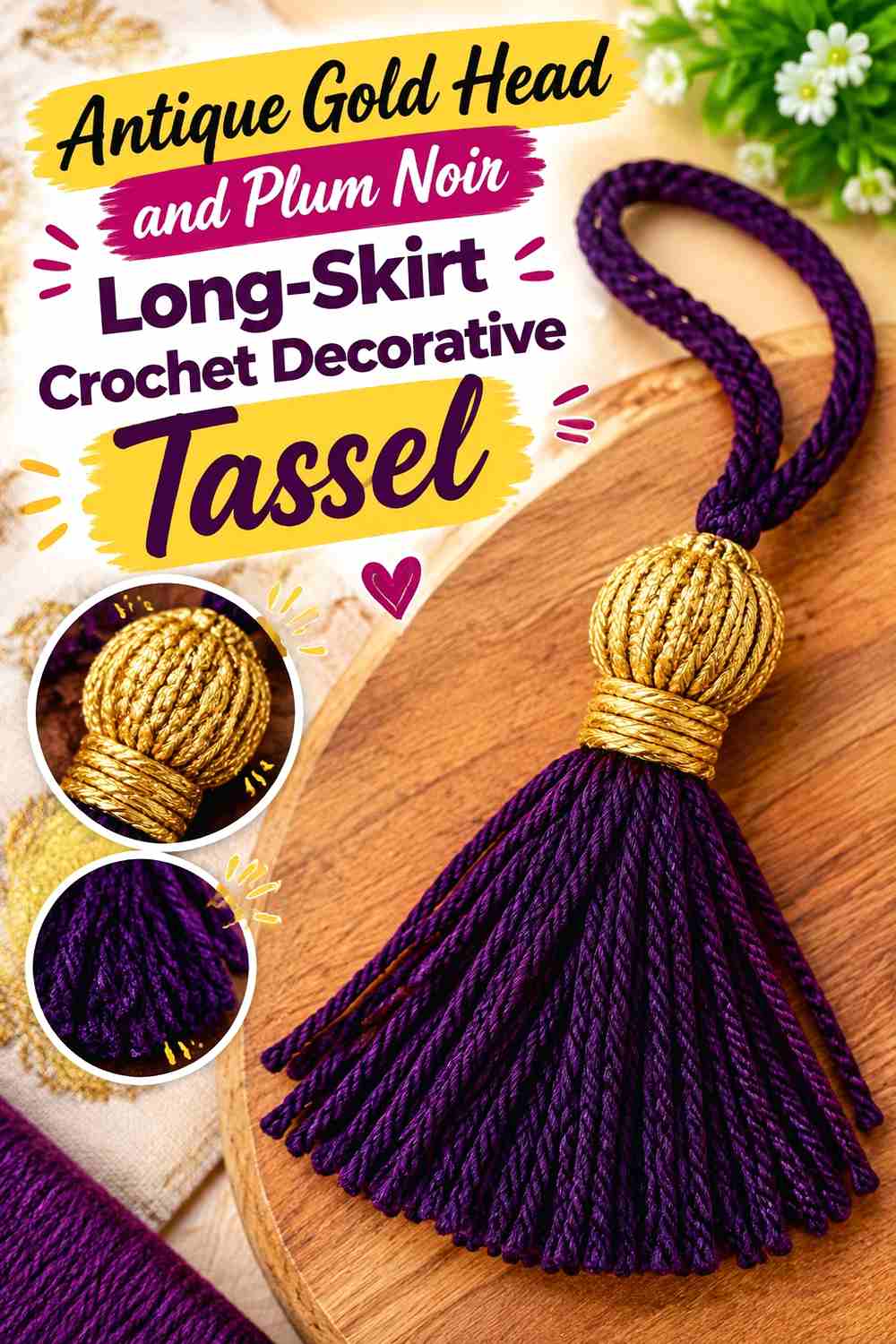 9. Antique Gold Head And Plum Noir Long Skirt Crochet Decorative Tassel