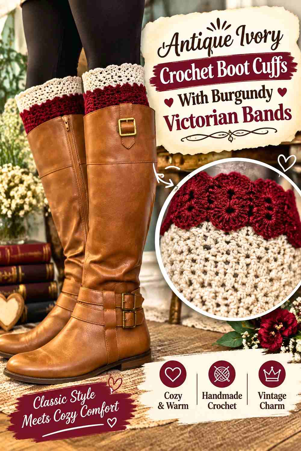 8. Antique Ivory Crochet Boot Cuffs With Burgundy Victorian Bands