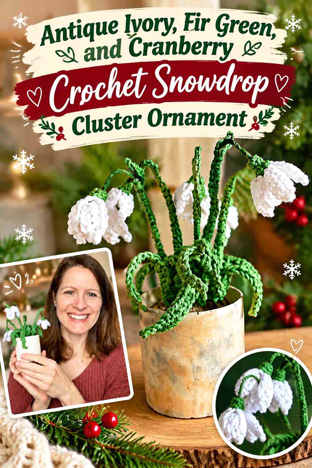 Antique Ivory, Fir Green, and Cranberry Crochet Snowdrop Cluster Ornament