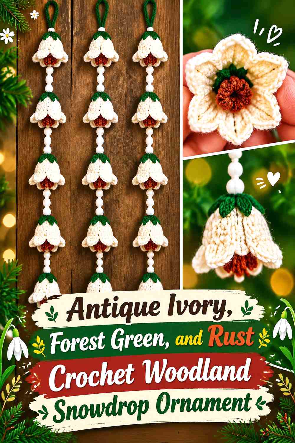 Antique Ivory, Forest Green, and Rust Crochet Woodland Snowdrop Ornament