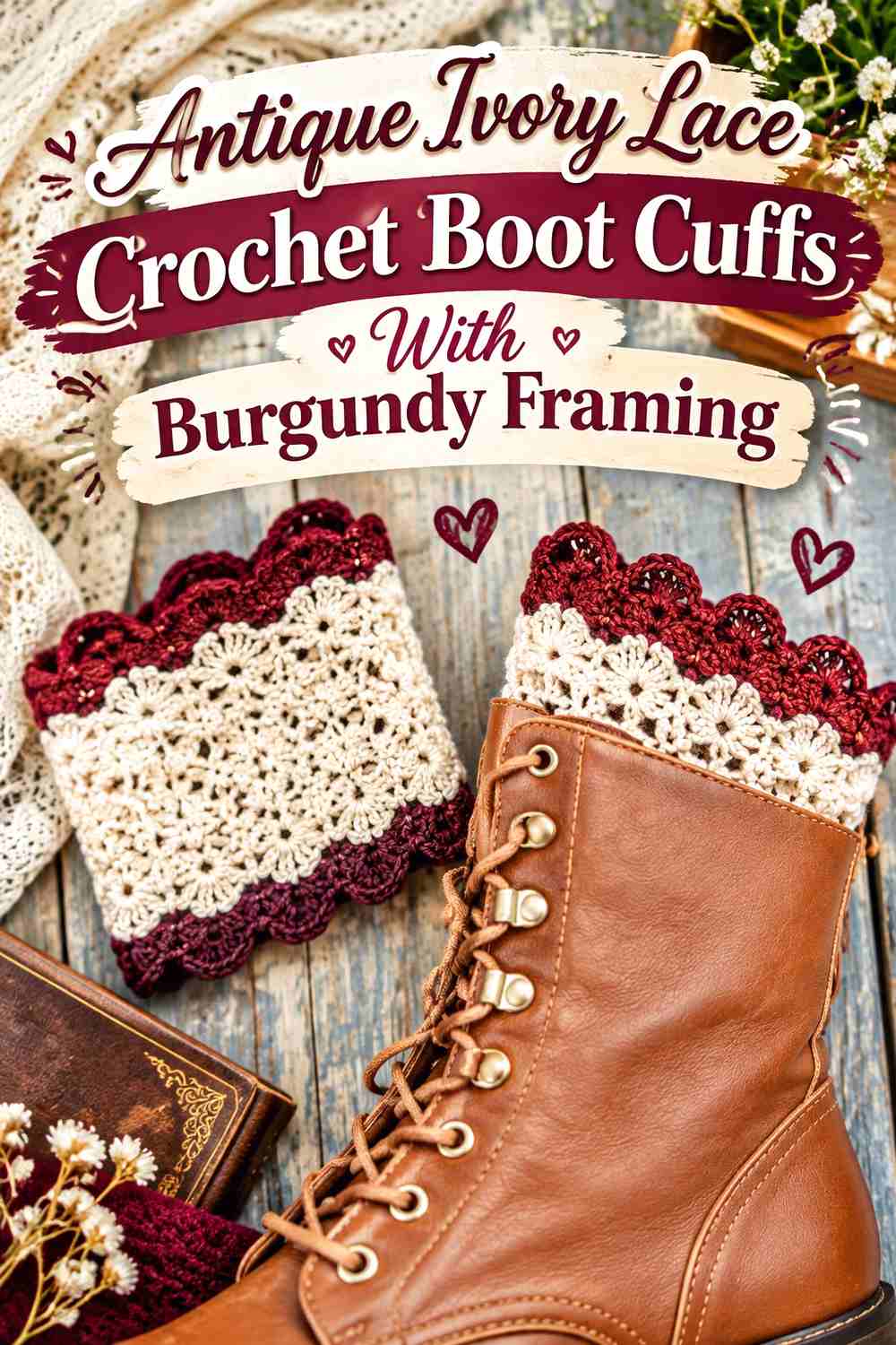 15. Antique Ivory Lace Crochet Boot Cuffs With Burgundy Framing