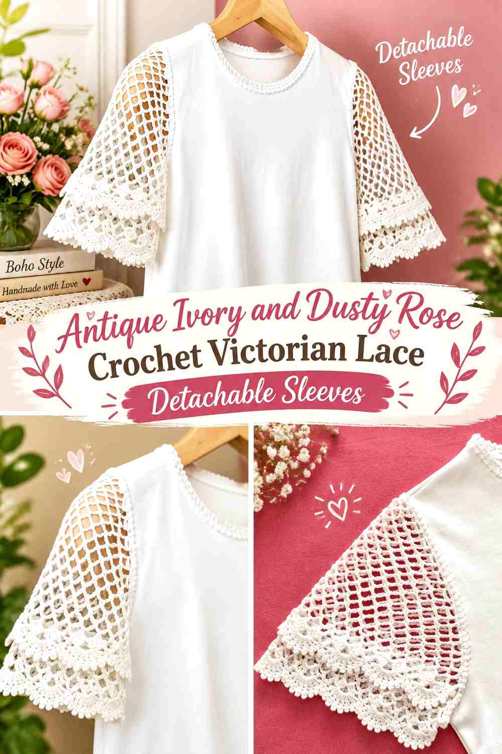 Antique Ivory and Dusty Rose Crochet Victorian Lace Detachable Sleeves