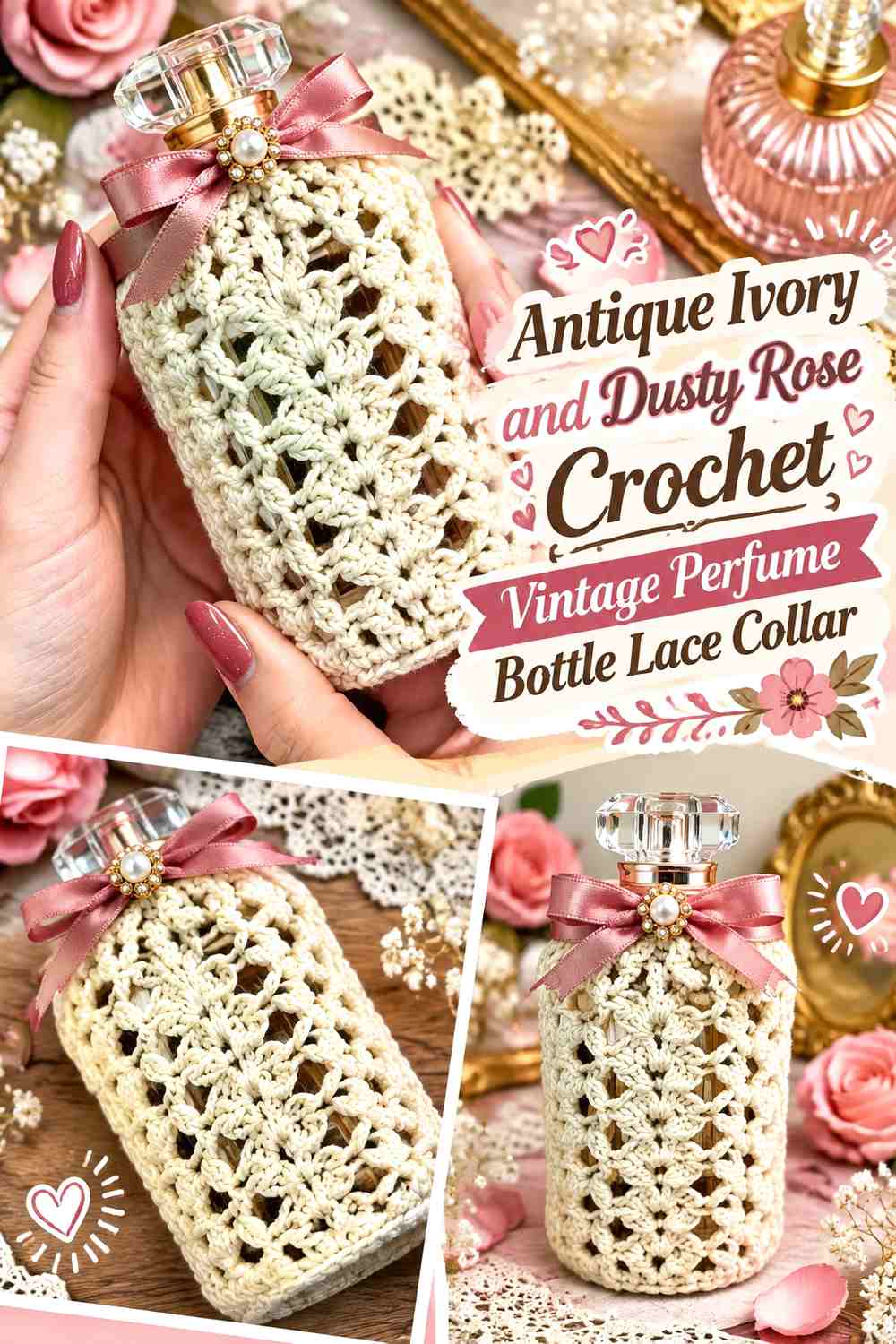 Antique Ivory and Dusty Rose Crochet Vintage Perfume Bottle Lace Collar