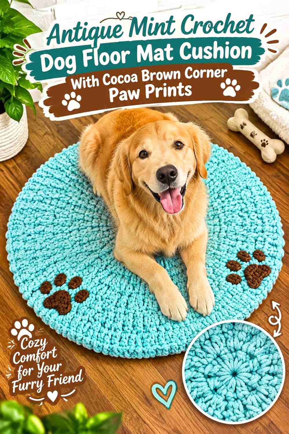 Antique Mint Crochet Dog Floor Mat Cushion With Cocoa Brown Corner Paw Prints