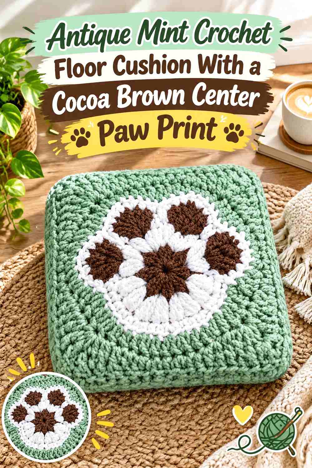 Antique Mint Crochet Floor Cushion With a Cocoa Brown Center Paw Print