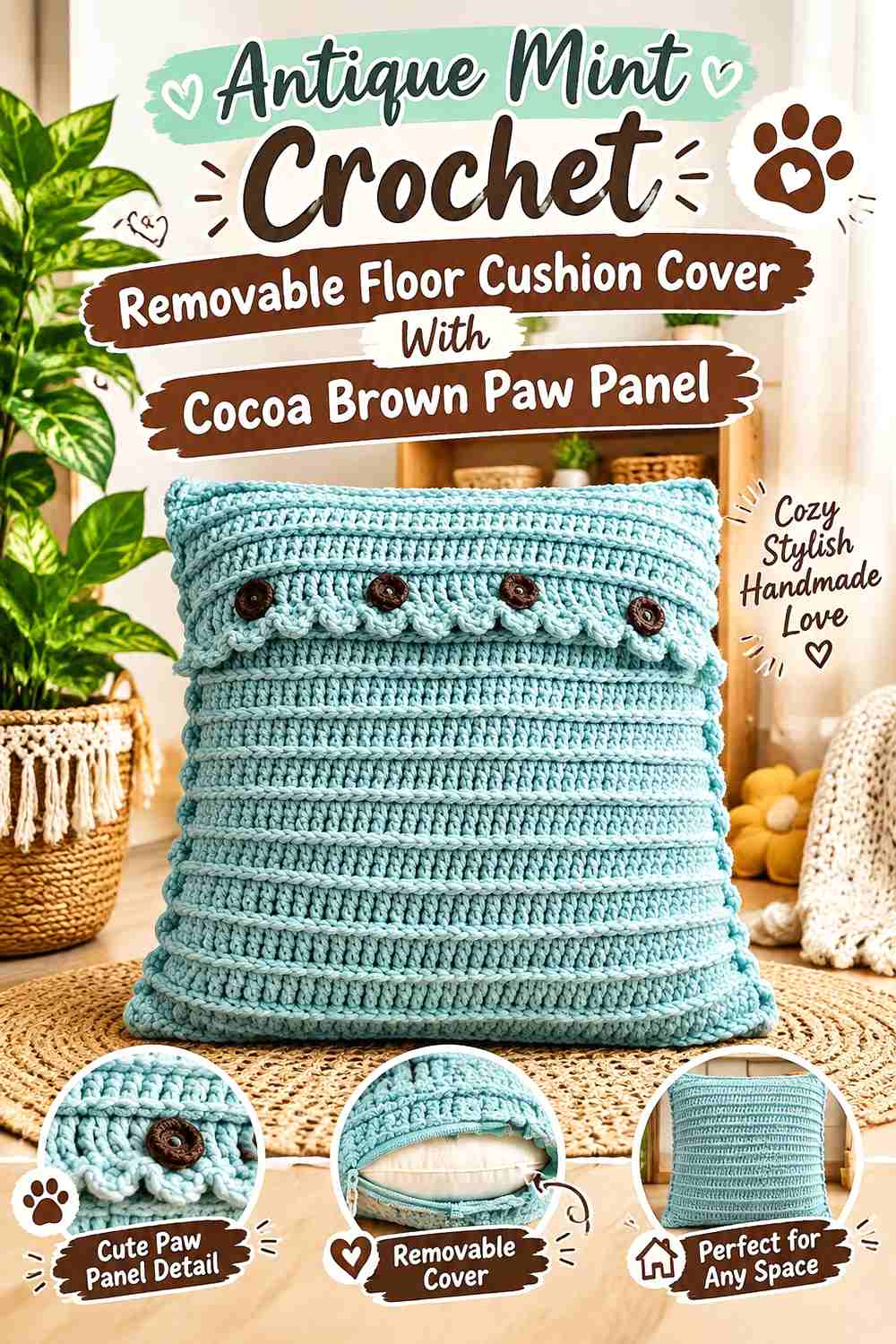 Antique Mint Crochet Removable Floor Cushion Cover With Cocoa Brown Paw Panel