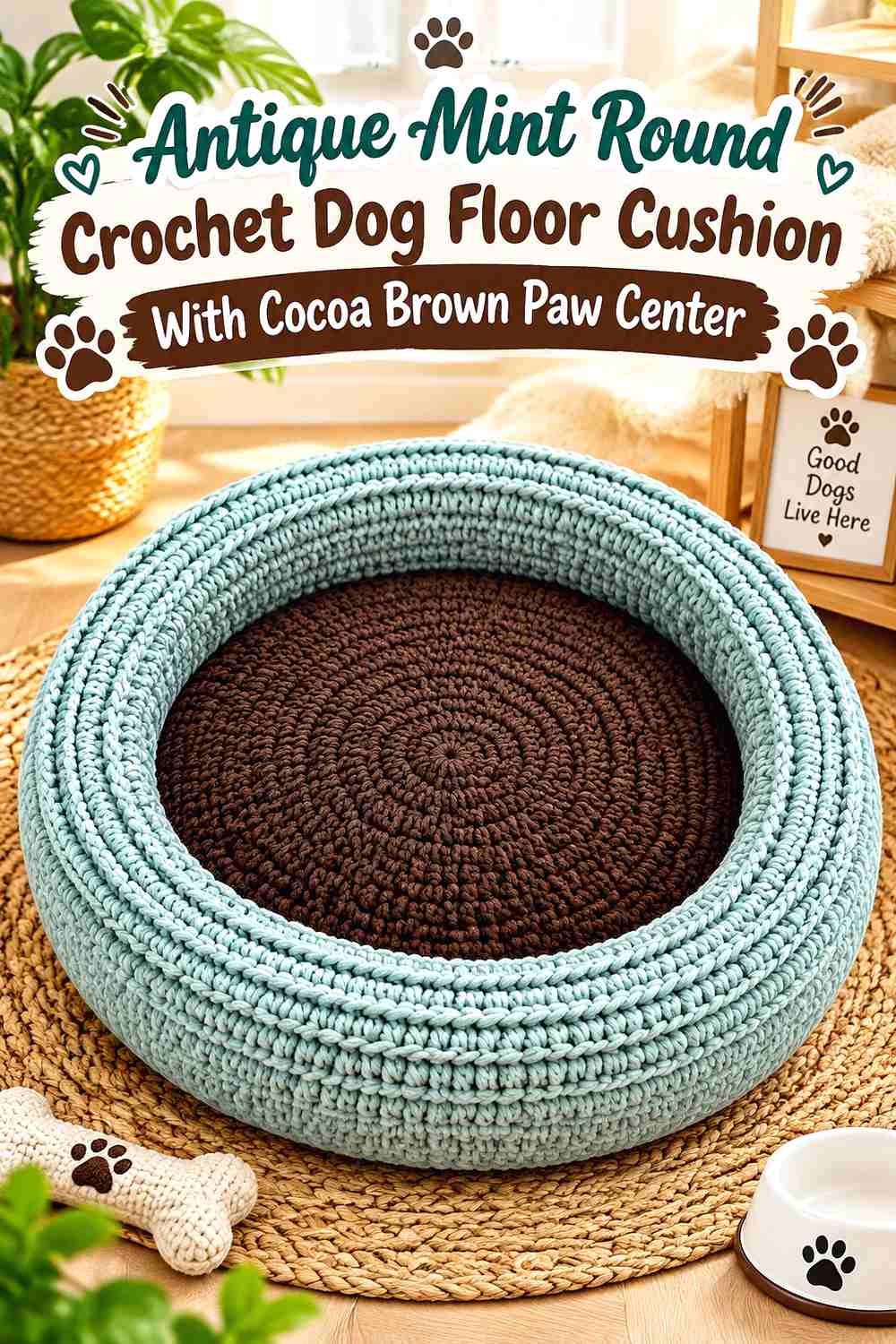 Antique Mint Round Crochet Dog Floor Cushion With Cocoa Brown Paw Center