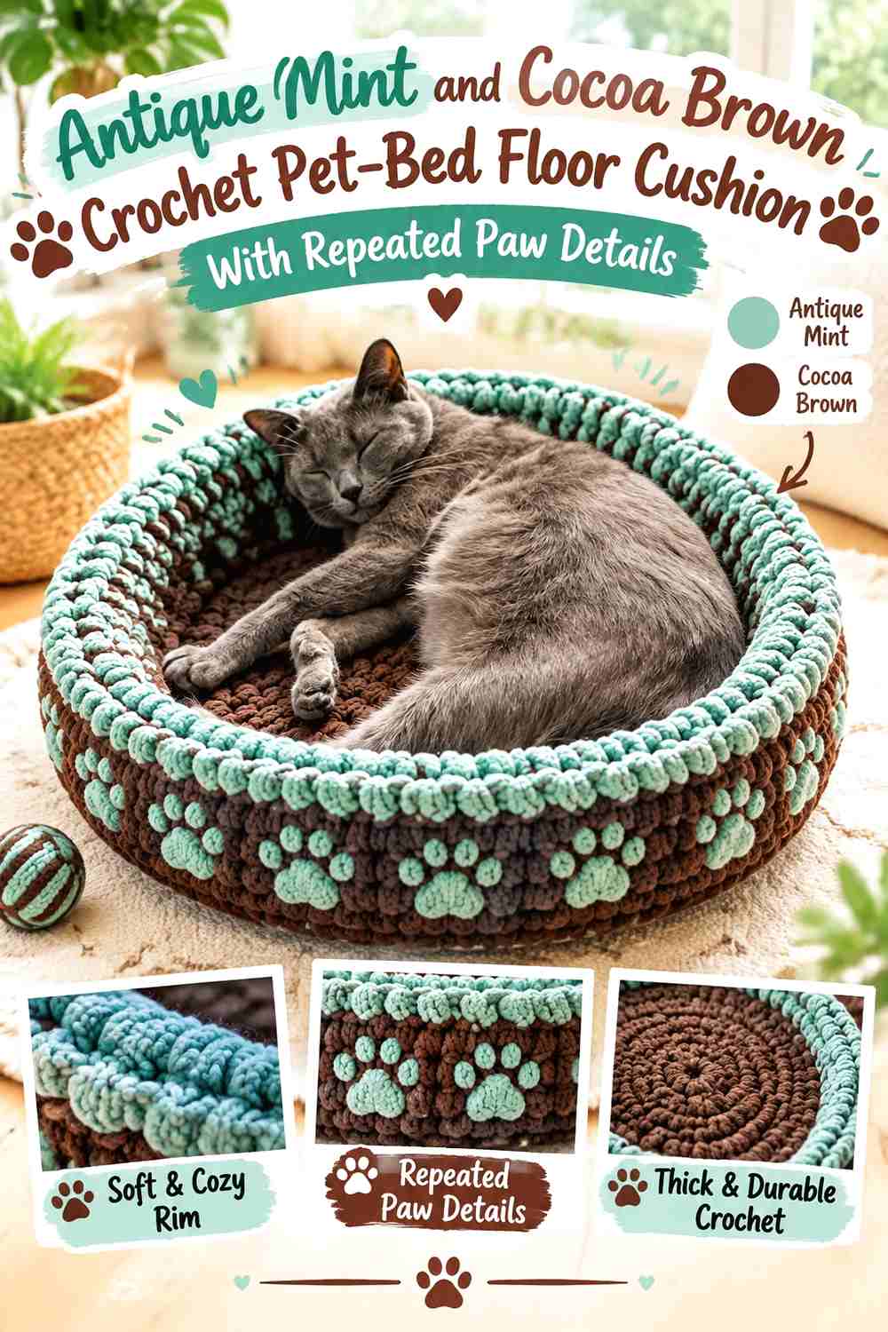 Antique Mint and Cocoa Brown Crochet Pet-Bed Floor Cushion With Repeated Paw Details