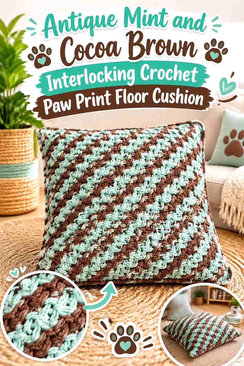 Antique Mint and Cocoa Brown Interlocking Crochet Paw Print Floor Cushion