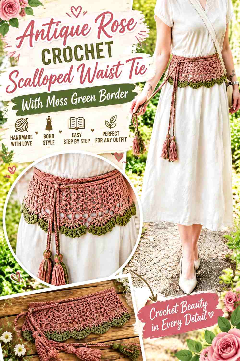 Antique Rose Crochet Scalloped Waist Tie With Moss Green Border