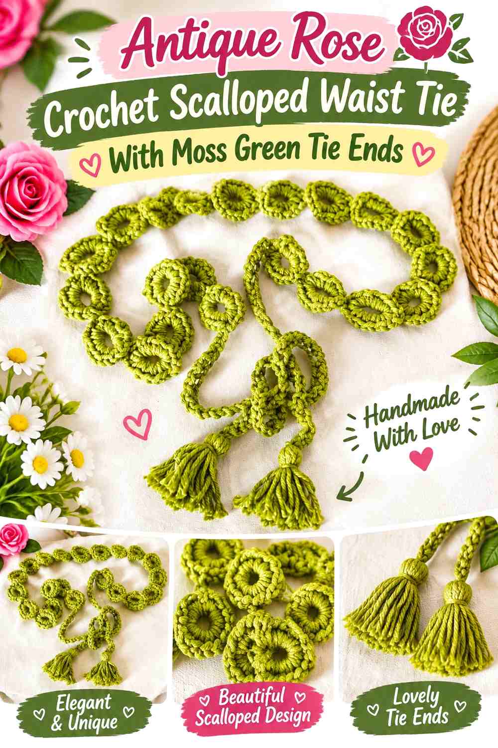 Antique Rose Crochet Scalloped Waist Tie With Moss Green Tie Ends
