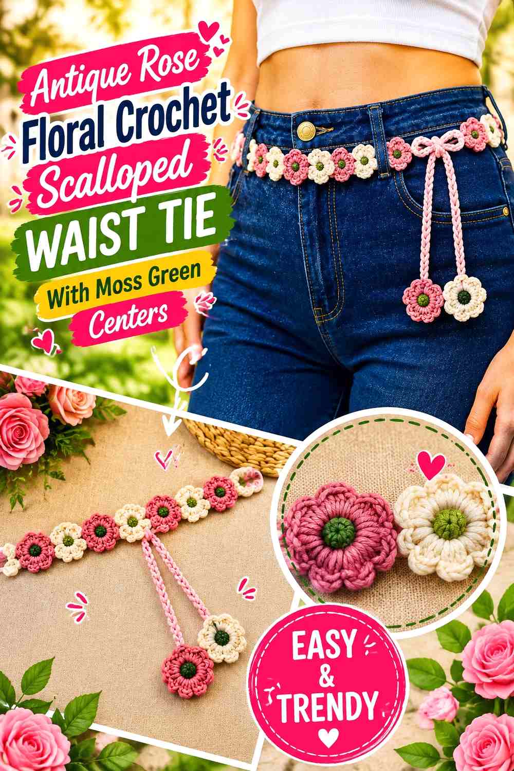 Antique Rose Floral Crochet Scalloped Waist Tie With Moss Green Centers