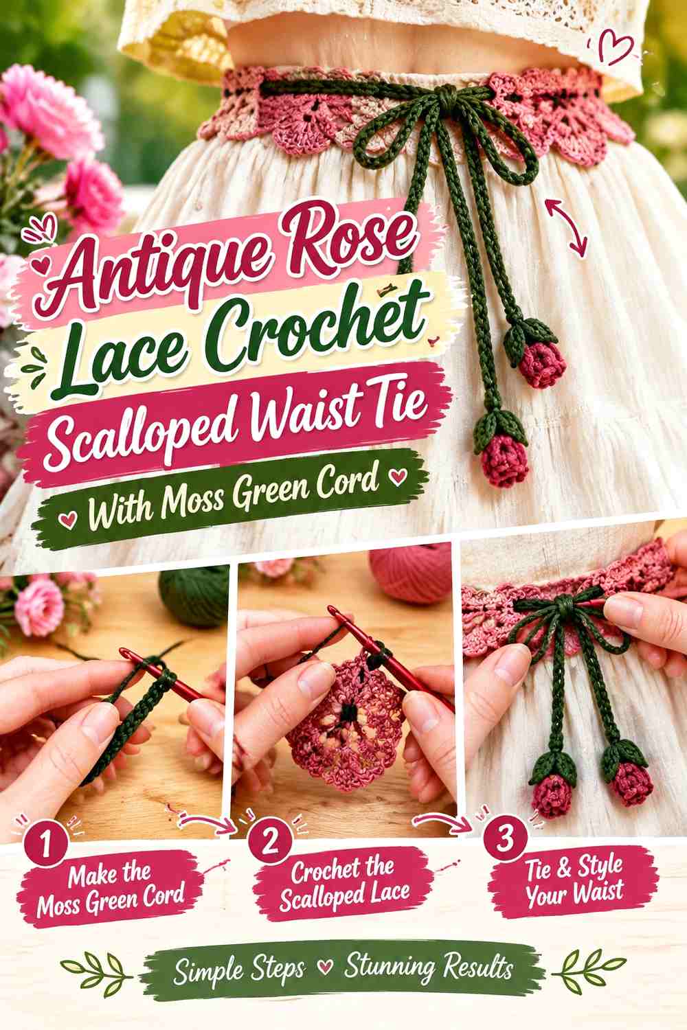 Antique Rose Lace Crochet Scalloped Waist Tie With Moss Green Cord