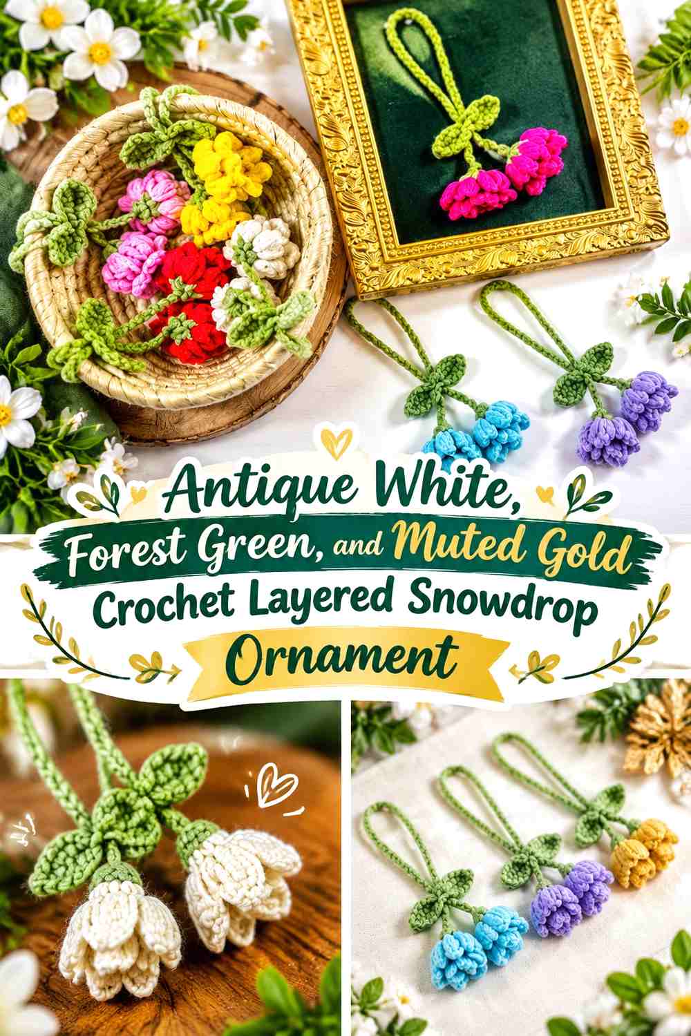 Antique White, Forest Green, and Muted Gold Crochet Layered Snowdrop Ornament