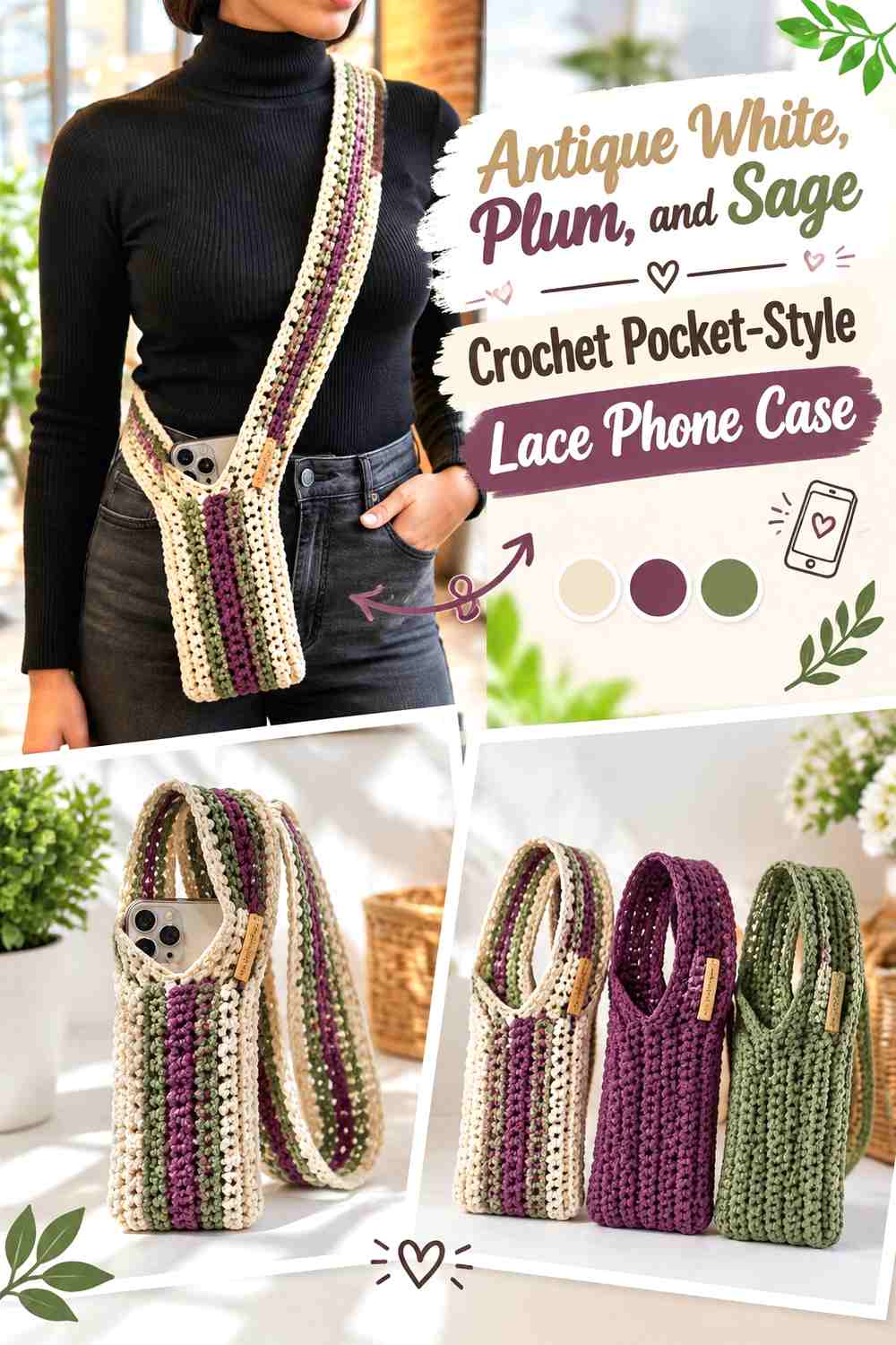 Antique White, Plum, and Sage Crochet Pocket-Style Lace Phone Case