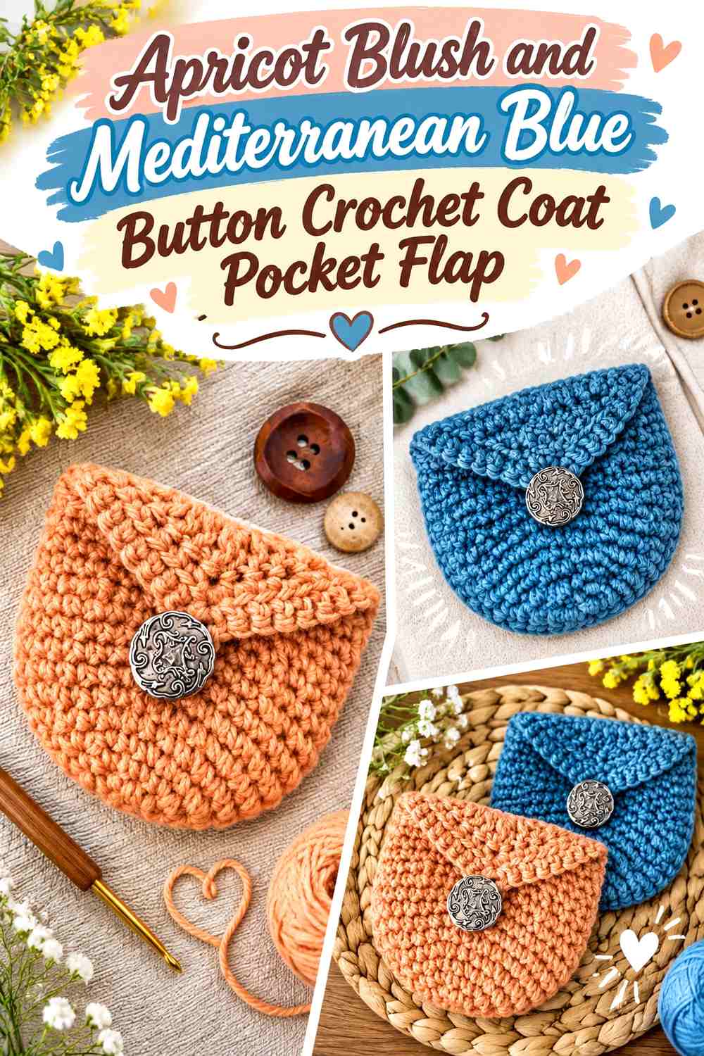 Apricot Blush and Mediterranean Blue Button Crochet Coat Pocket Flap