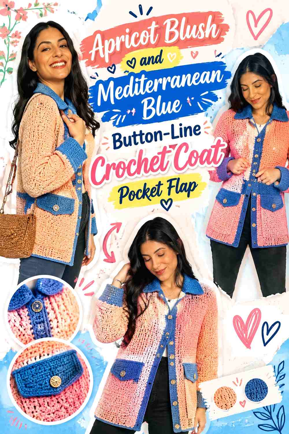 Apricot Blush and Mediterranean Blue Button-Line Crochet Coat Pocket Flap
