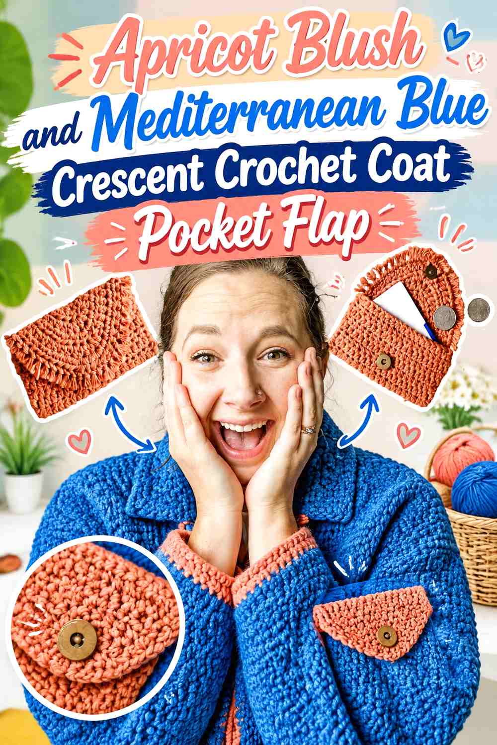 Apricot Blush and Mediterranean Blue Crescent Crochet Coat Pocket Flap