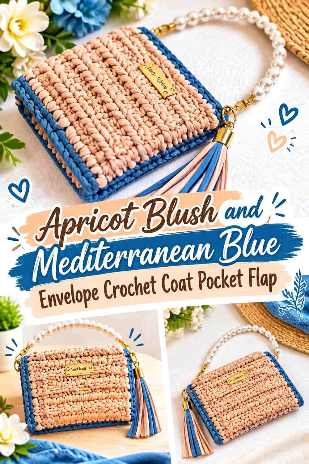 Apricot Blush and Mediterranean Blue Envelope Crochet Coat Pocket Flap