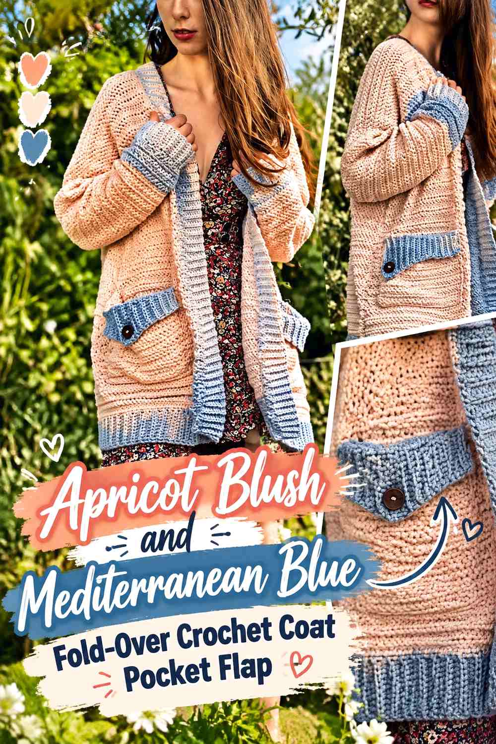 Apricot Blush and Mediterranean Blue Fold-Over Crochet Coat Pocket Flap