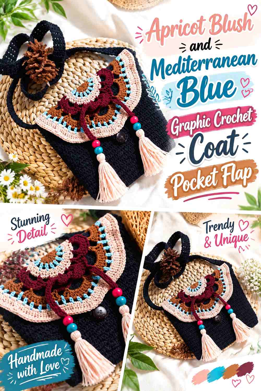 Apricot Blush and Mediterranean Blue Graphic Crochet Coat Pocket Flap