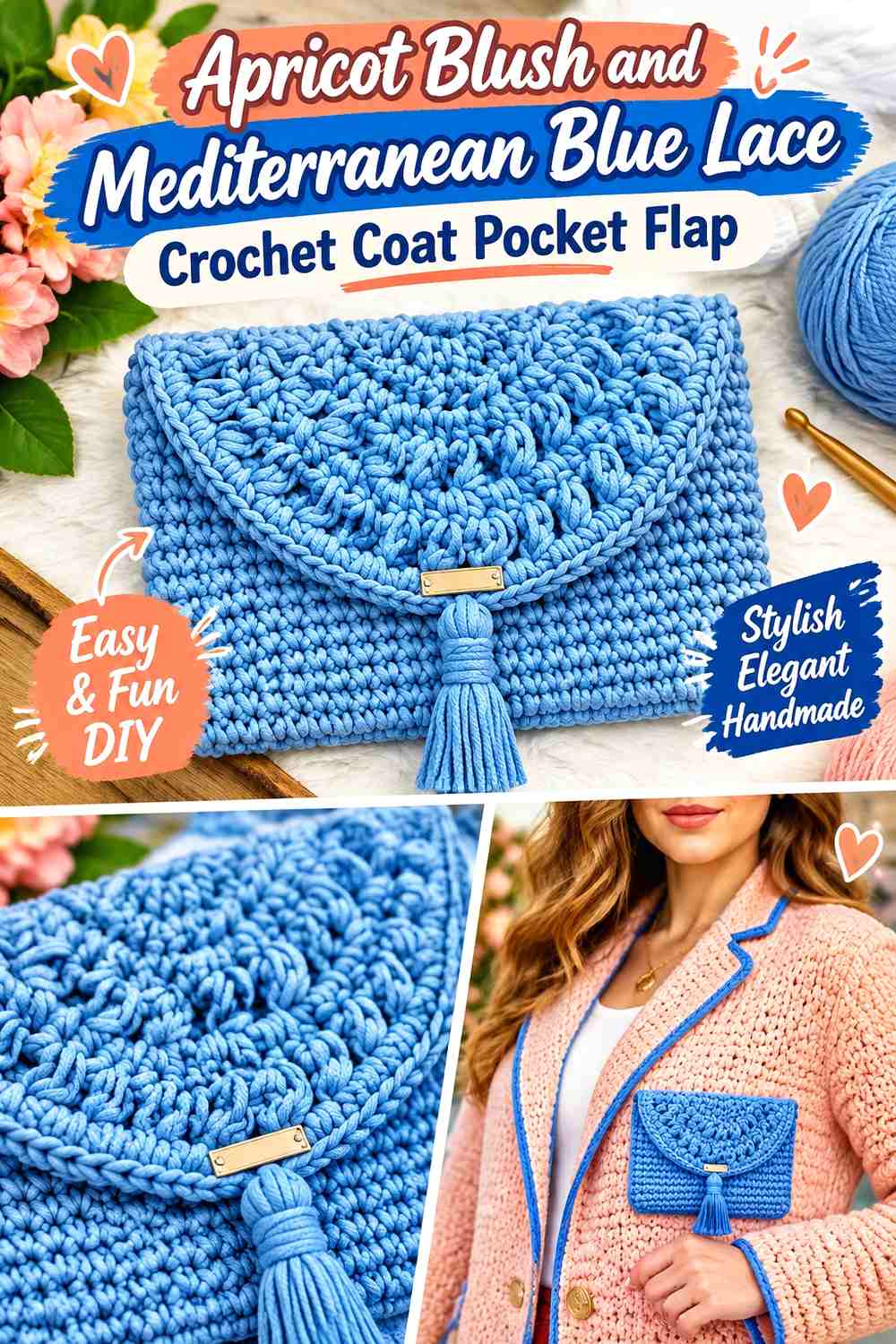 Apricot Blush and Mediterranean Blue Lace Crochet Coat Pocket Flap