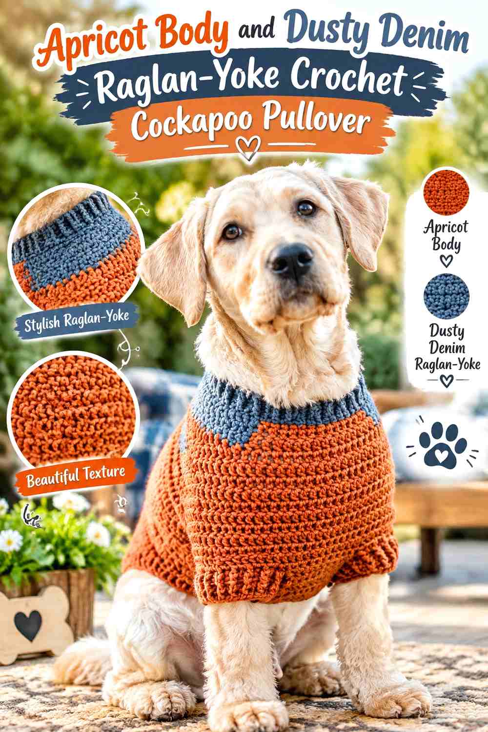 Apricot Body and Dusty Denim Raglan-Yoke Crochet Cockapoo Pullover