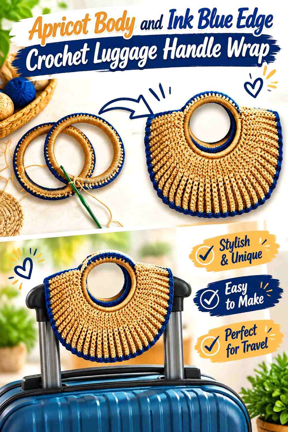 2. Apricot Body And Ink Blue Edge Crochet Luggage Handle Wrap