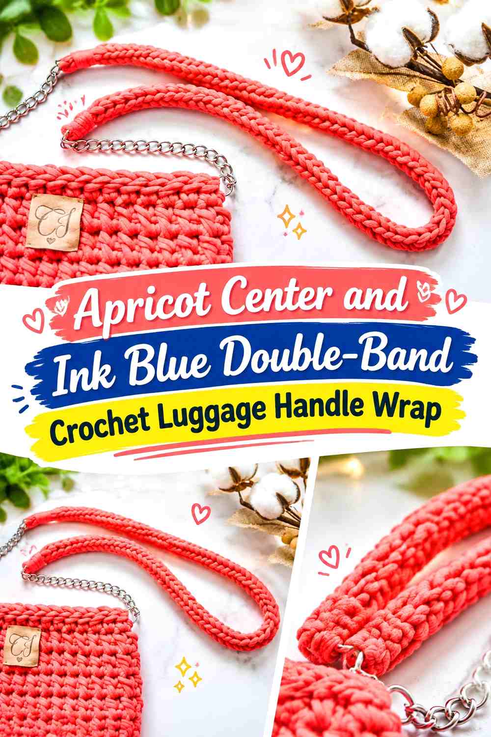 4. Apricot Center And Ink Blue Double Band Crochet Luggage Handle Wrap
