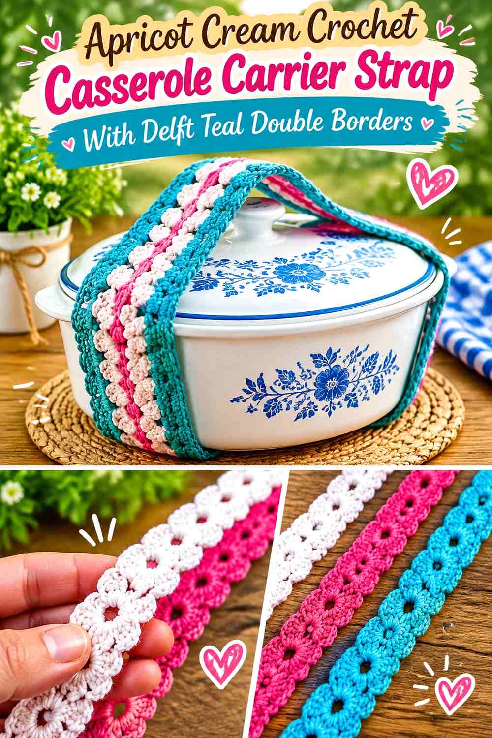 Apricot Cream Crochet Casserole Carrier Strap With Delft Teal Double Borders