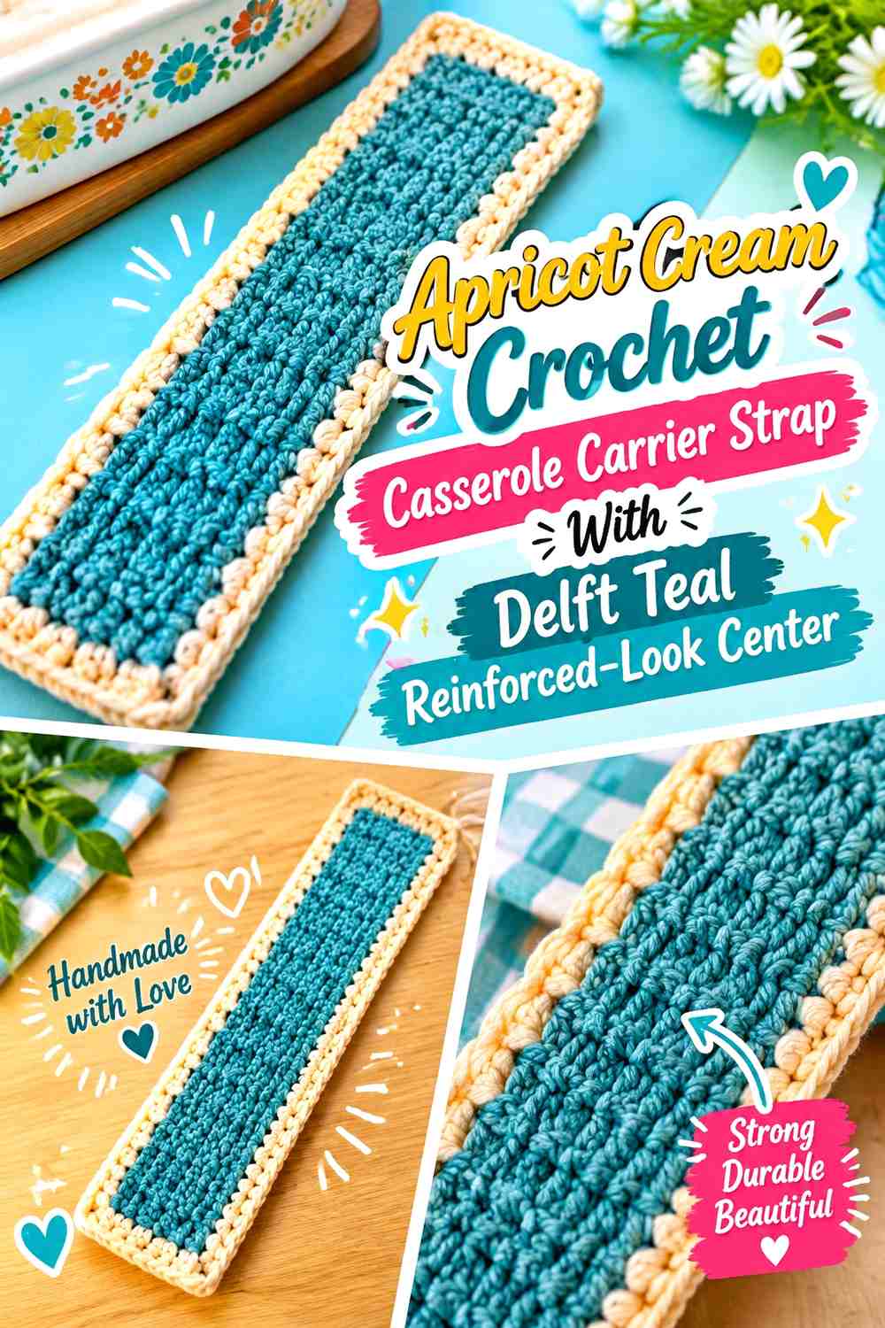 Apricot Cream Crochet Casserole Carrier Strap With Delft Teal Reinforced Look Center